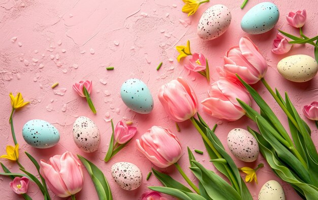 Colocação plana de tulipas cor-de-rosa e ovos de Páscoa manchados em um fundo rosa