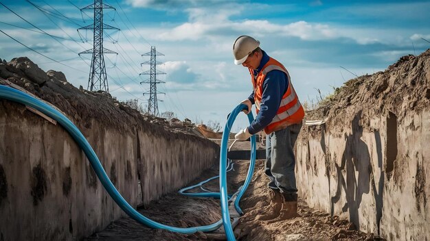 Foto la colocación de un cable eléctrico azul en una zanja en las comunicaciones subterráneas del suelo