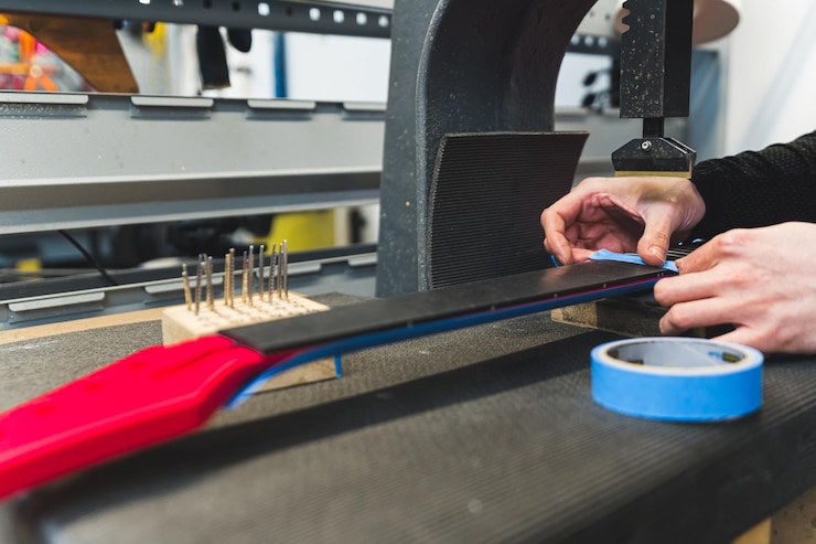 Foto colocación de hilos de guitarra para hacer trastes en una guitarra