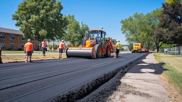 La colocación de una nueva superficie de asfalto de la carretera con equipos especiales