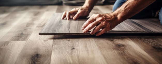 Colocación del piso laminado con detalle de las manos de los trabajadores concepto de trabajo de bandera Generativo Ai