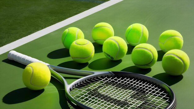 Colocación plana de bolas de tenis con raqueta