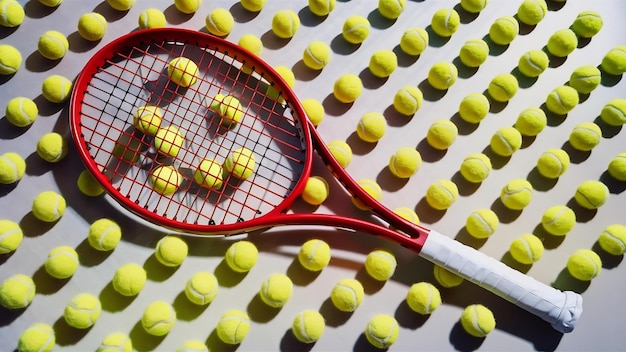 Colocación plana de bolas de tenis con raqueta