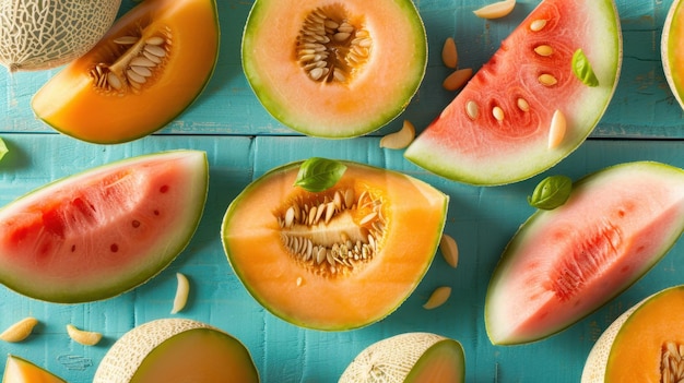 Colocación plana de frutas de verano, incluidas rebanadas de melón de agua y melocotón, en un plato de madera azul