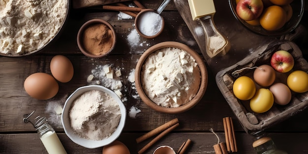 Colocación plana de ingredientes para hornear para un pastel casero Harina azúcar mantequilla huevos y otros ingredientes sobre una superficie de madera ai generativo