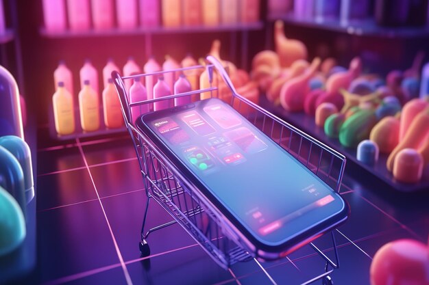 Colocación de productos en aplicaciones de compras en línea para teléfonos inteligentes. Los productos se muestran en la pantalla del teléfono inteligente y se venden. Aplicación móvil y ropa de comercio electrónico. Aplicación móvil en línea para entrega de alimentos en línea.