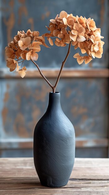 Colocado sobre una superficie de madera está un jarrón de cerámica negra que sostiene una flor de hortensia seca