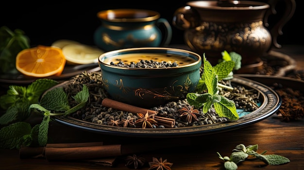 Se colocan tazas de té o masala chai tradicional indio, una tetera con especias y algunas ramitas de hojas de té.