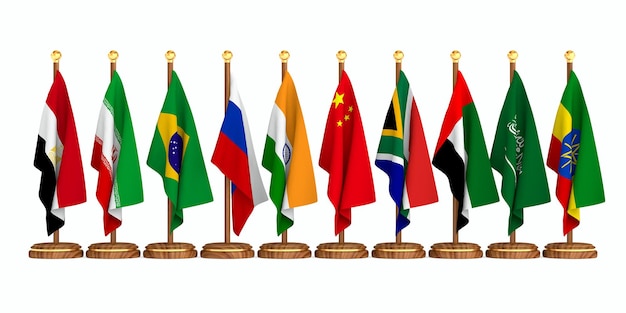 Foto colocar bandeiras do brics em fundo branco ilustração 3d isolada