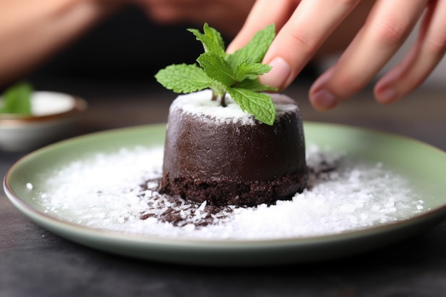 Colocar una guarnición de hojas de menta encima de un pastel de lava de chocolate