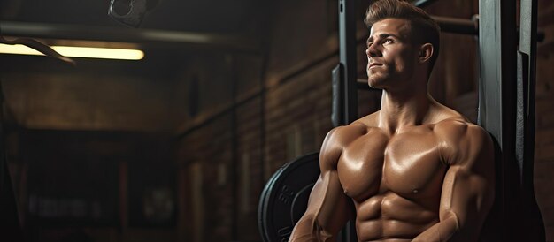 Colocar joven descansando en el gimnasio con espacio vacío a la izquierda