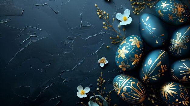 colocar ovos de Páscoa azuis planos com decoração dourada e galhos florais em fundo preto espaço livre