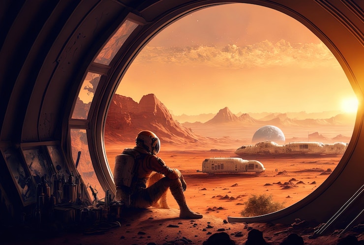 Colonia de astronautas en marte descansando y disfrutando de la vista