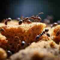 Foto colônia de formigas colaboradoras trabalhando juntas para obter comida