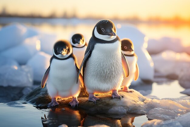 Foto colônia de grupo de família de pinguins em um gelo flutuante na água do oceano no inverno