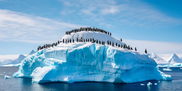 Colônia de pinguins amontoados em um iceberg com um céu azul e icebergs flutuantes ao fundo Generative AI