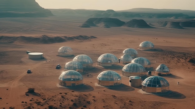 Colônia em Marte como o planeta Cúpulas de vidro no meio do deserto de Marte Agricultura futurista