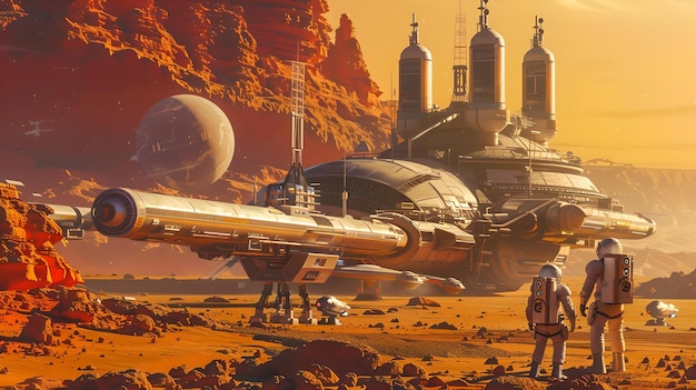 Colônia futurista de Marte com naves espaciais e astronautas caminhando cena de sci-fi ilustração exploração e aventura conceito fantasia paisagem extraterrestre IA