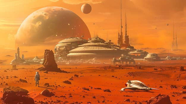 Colônia futurista de Marte sob uma nave espacial de céu laranja e exploradores em terreno alienígena cena de ficção científica retratando viagens espaciais e exploração de IA