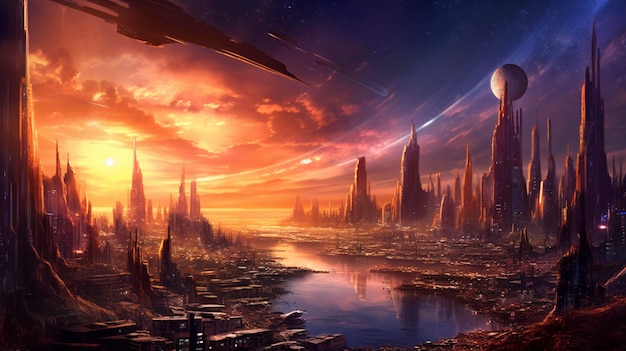 Colonia futurista del horizonte de la ciudad cyberpunk en el planeta alienígena IA generativa