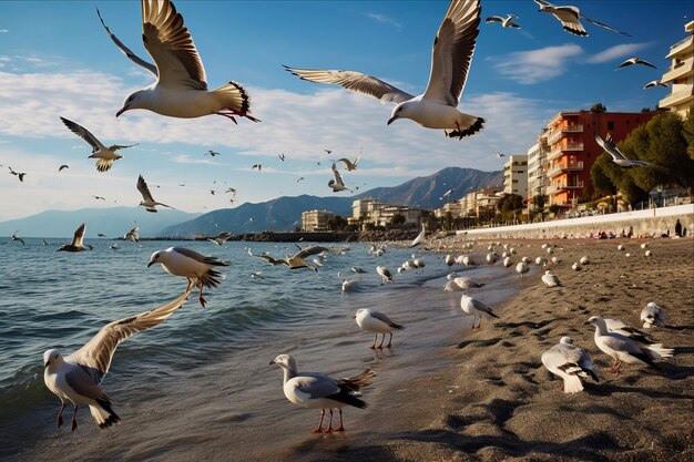 Foto la colonia de gaviotas frenéticas que se alimentan busca comida en la playa de giardini di naxos