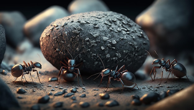 Colonia de hormigas de dibujos animados trabajando juntos equipo de hormigas rollos piedra concepto de trabajo en equipo cuesta arriba