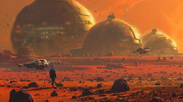Colônia marciana futurista com cúpulas e naves espaciais uma paisagem de sci-fi em um terreno vermelho empoeirado cena de ficção científica com astronauta AI