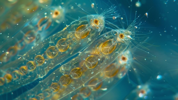 Foto una colonia de rotíferos compuesta por docenas de individuos unidos a una superficie sumergida cada individuo