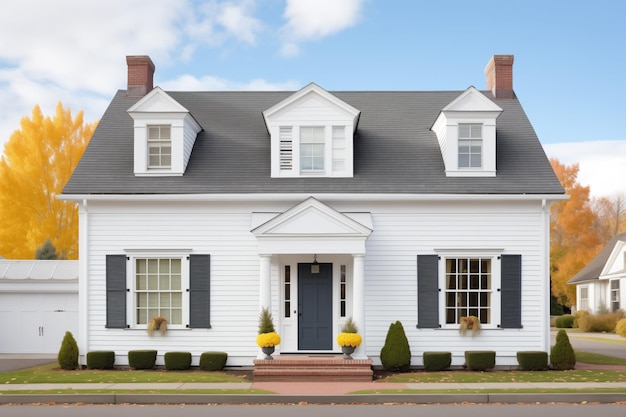 Colonial branco com venezianas pretas e águas-furtadas