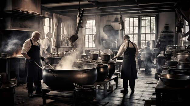 ColonialEra Kitchen em preto e branco cozinheiros preparam o banquete com panelas de cobre