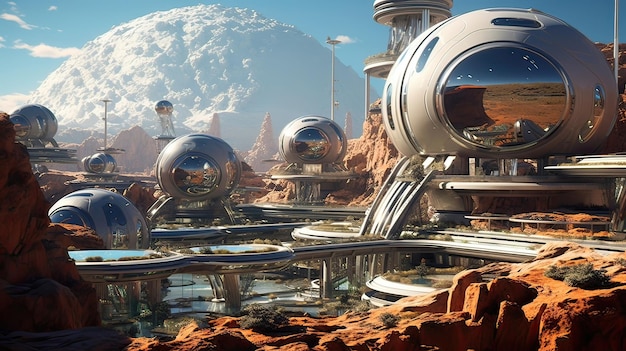 Foto colonias espaciales en planetas distantes exhiben arquitectura de vanguardia hábitats avanzados diseño futurista exploración espacial hogares interplanetarios generado por ia