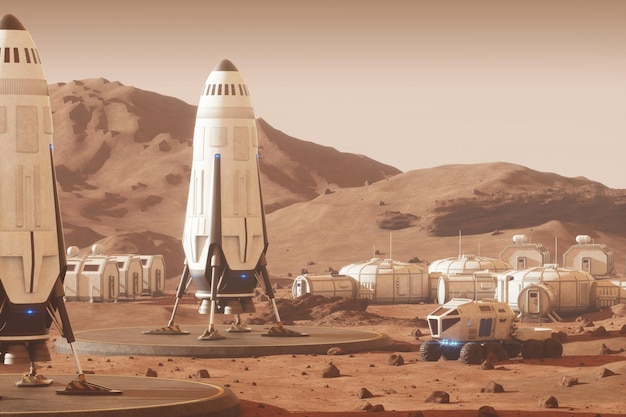 Colonización de Marte La superficie marciana y la base humana construyendo una colonia en Marte