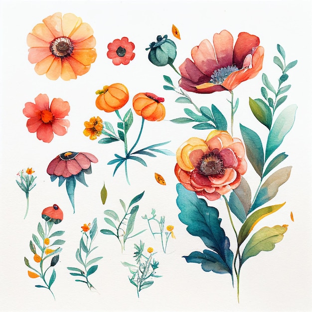 Coloque flores e deixe a ilustração floral em aquarela pintada com a tecnologia Generative AI