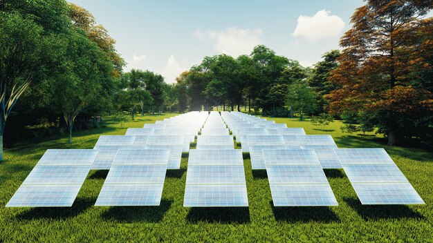 Coloque painéis solares em um lindo gramado verde. Para a geração de eletricidade. Renderização 3d