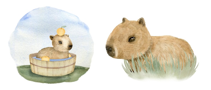 Foto color de agua dibujado a mano conjunto de capibaras para bebés de animales lindos