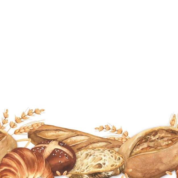Color de agua pan y croissant juego de cocina Acuarela dibujada a mano con borde sin costuras