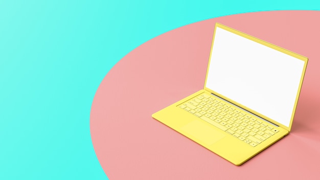 Color amarillo de la pantalla en blanco del ordenador portátil en la mesa de trabajo dask. Color pastel y concepto de fondo de computadora.
