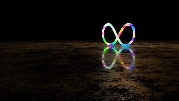 Color del arco iris del anillo infinito y su reflejo en un suelo de hormigón húmedo (Representación 3D)