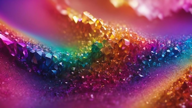 El color del arco iris es un gradiente vibrante, el fondo es un cristal abstracto.