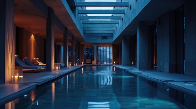 El color azul profundo de las piscinas actúa como una poderosa ayuda visual que ayuda a enfocar y guiar a los meditadores en un