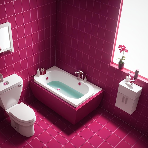 Color interior de baño Viva Magenta del año 2023. Plantilla moderna, color rojo carmesí burdeos.