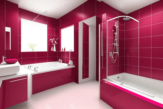 Color interior de baño Viva Magenta del año 2023. Plantilla moderna, color rojo carmesí burdeos.