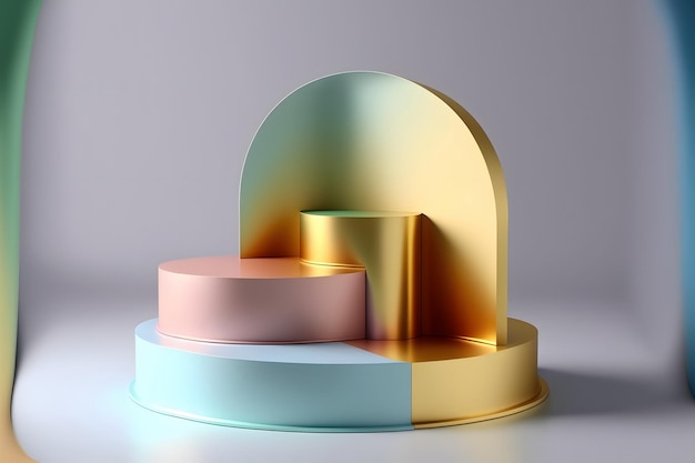 Color metal podio reflejo formas geométricas art deco colores pastel Escaparate para productos de belleza 3d render