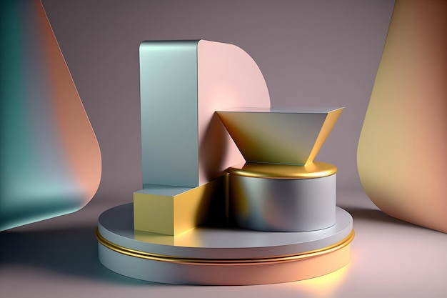 Color metal podio reflejo formas geométricas art deco colores pastel Escaparate para productos de belleza 3d render