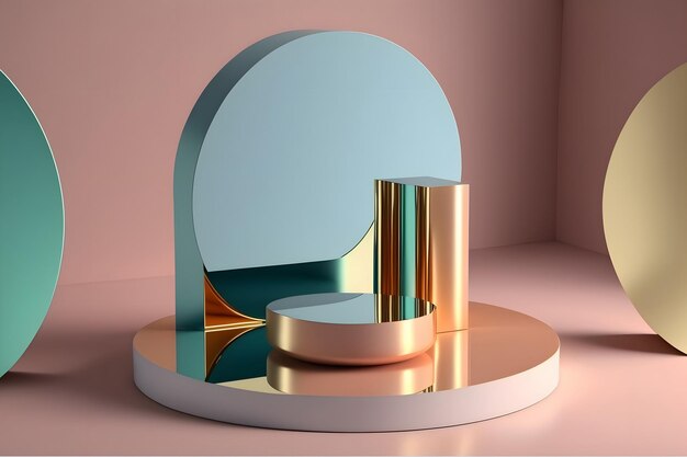 Color metal podio reflejo formas geométricas art deco colores pastel Escaparate para productos de belleza 3d render