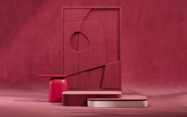 Color de moda del año 2023 - Viva Magenta. Escena minimalista abstracta con formas geométricas de podio.