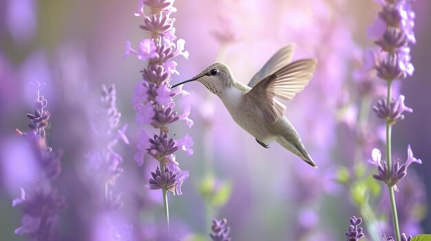 Foto color neón pequeño colibrí flotando y alimentándose en el fondo púrpura del verano foto generada por ia