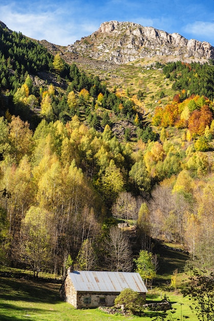 Color de otoño en la montaña con granero