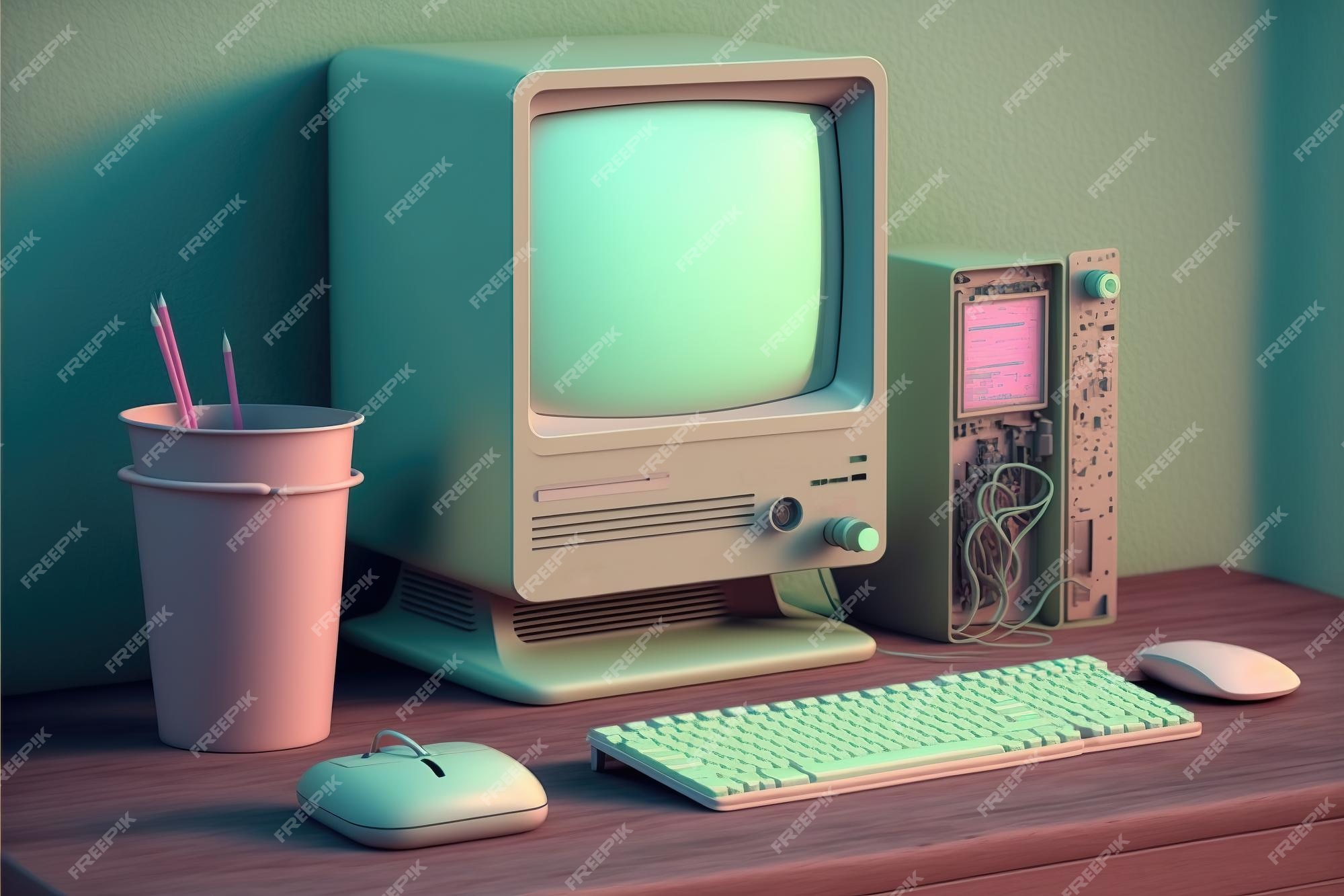 Un color pastel de computadora vintage en un escritorio de madera 3d  renderizado ilustraciones generativas de ia | Foto Premium