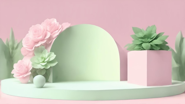 Color pastel rosa verde plantas decoración floral de podio para el escenario 3d minimalista simple